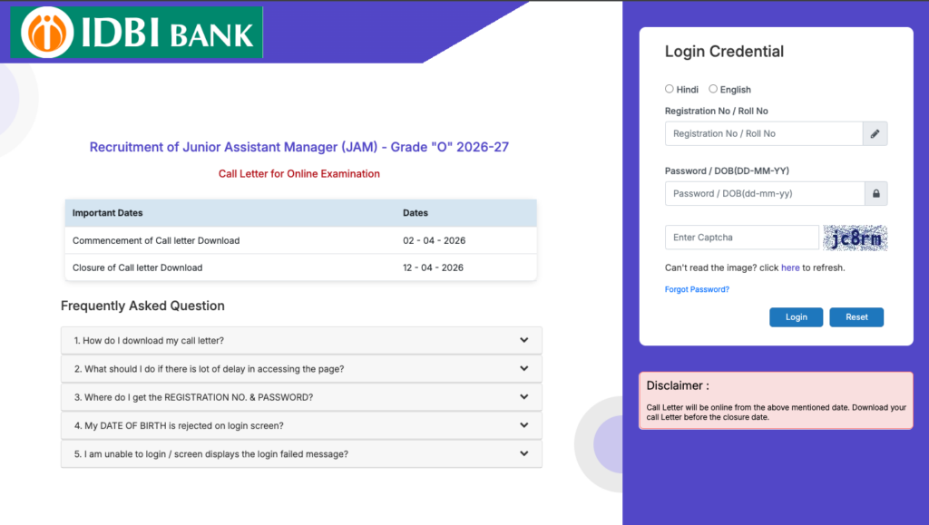 IDBI JAM Admit Card 2026