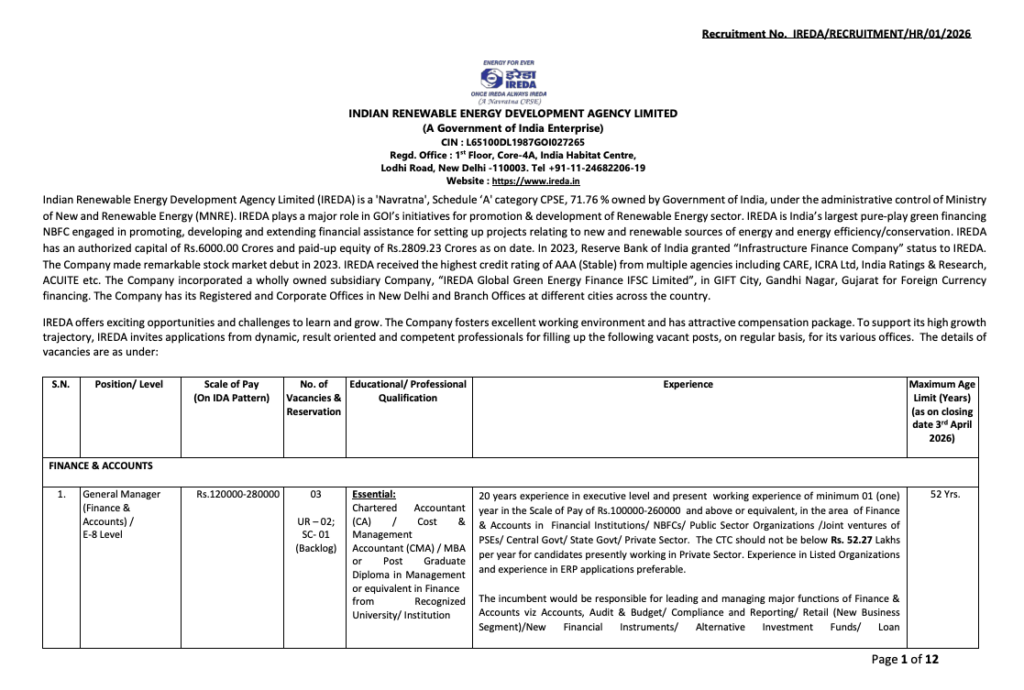 IREDA Recruitment 2026 Notification
